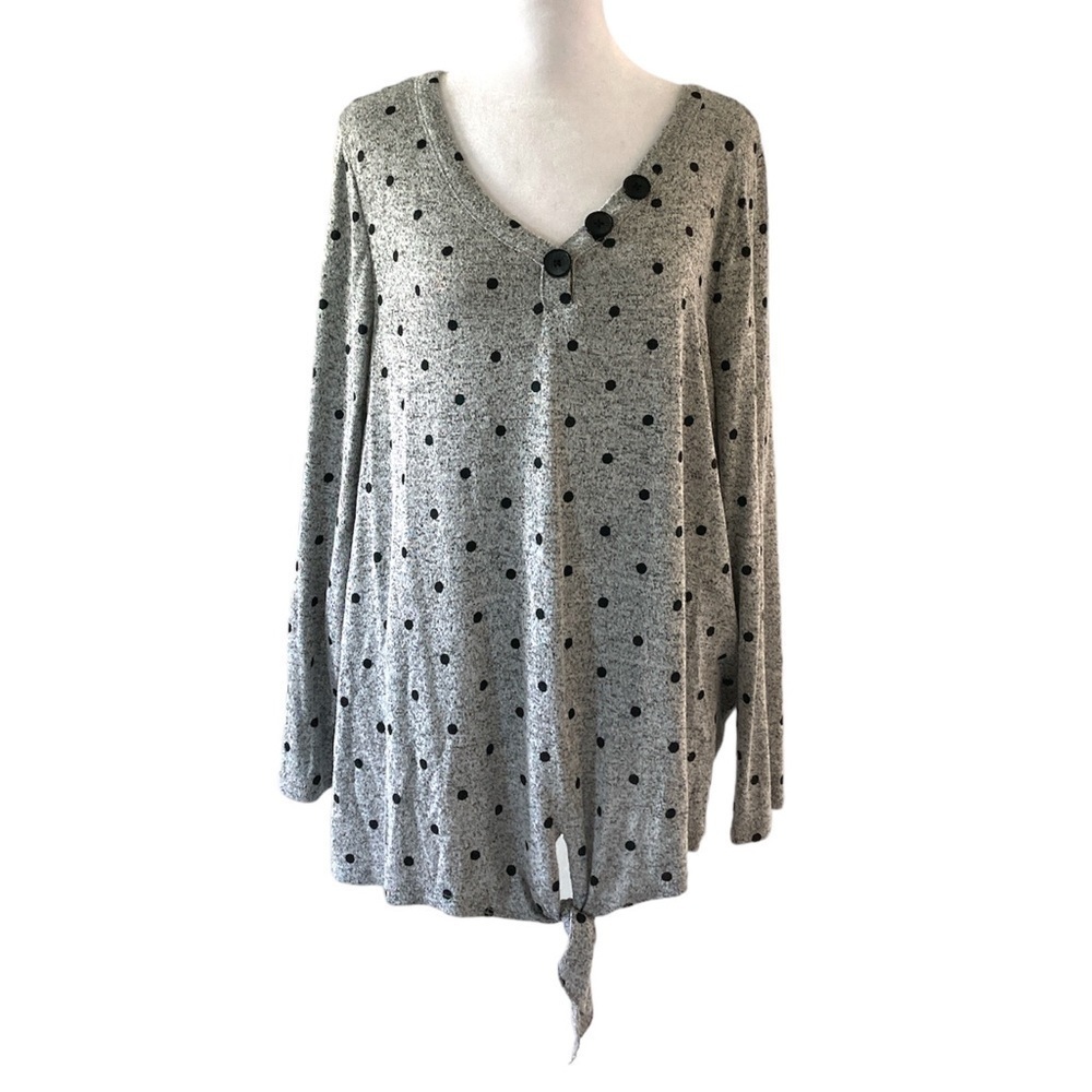 Lane Bryant 14 16 top gray black polka dots long sleeves v-neck